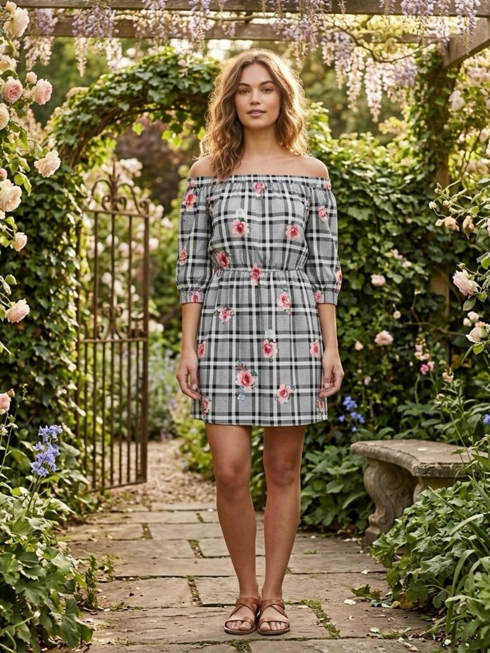 H&M Divided Plaid & Floral Off-Shoulder Mini Dress - Size L (NWOT)